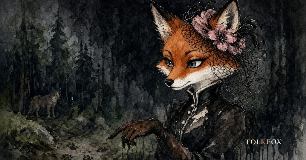 The folkfox vixen in Slovenia, the folkfox mascot joining a guided, non-disturbing fox-tracking scene in the Kočevsko forests, illustrating chatgpt oglasi.