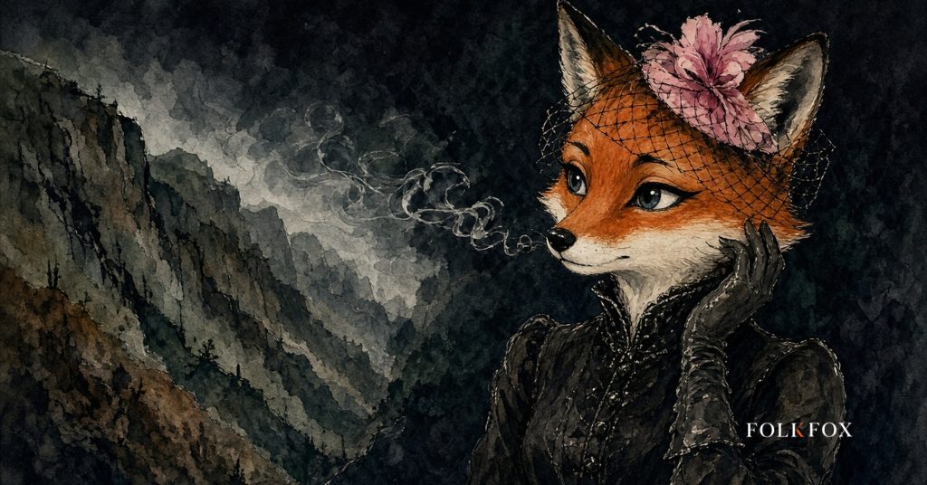 The folkfox vixen in Spain, the folkfox mascot listening across a La Gomera ravine to a Silbo Gomero whistled message, with no text or flag, illustrating publicidad chatgpt.
