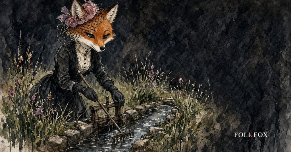 The folkfox vixen in Switzerland, the folkfox mascot tending a traditional Upper Valais irrigation channel across a meadow, illustrating chatgpt werbung schweiz.