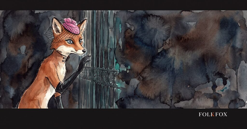 An ink-drawn fox stands watch at two garden gates under a moonlit ridge, incident response plan