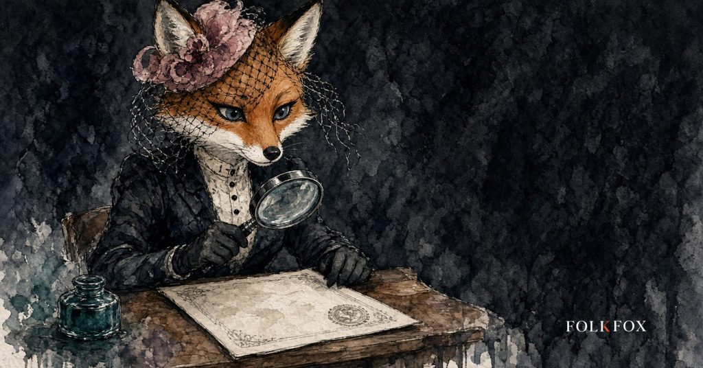 A watercolour fox studies CMMC compliance paperwork through a magnifying glass in a quiet oak den