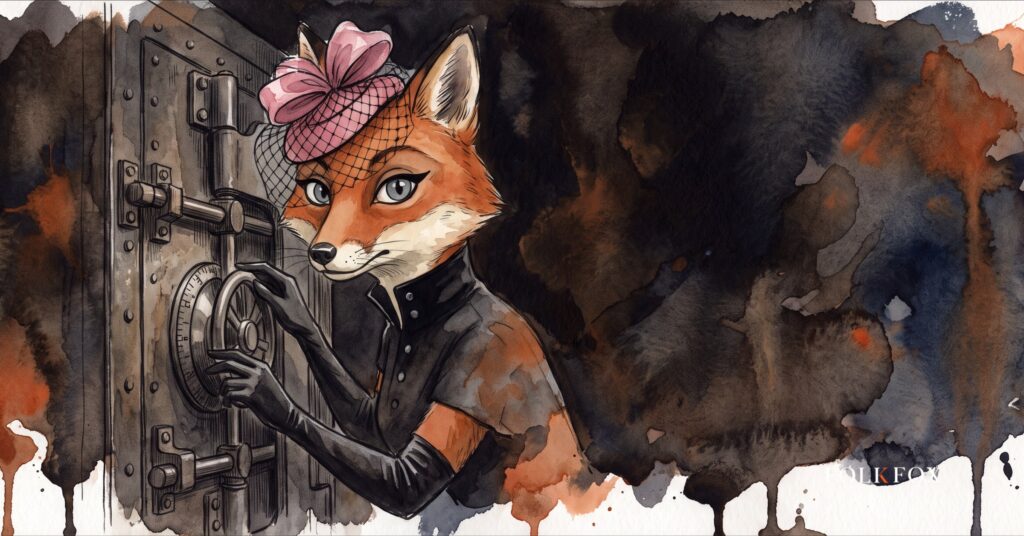 An ink-drawn fox at the door of a small vault, checking a list before opening it, illustrating content licensing access control