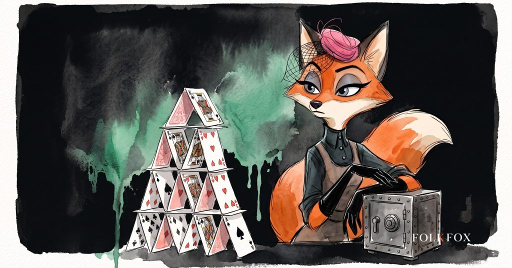 An ink-drawn fox in a folkfox forest beside a stethoscope, illustrating content marketing.