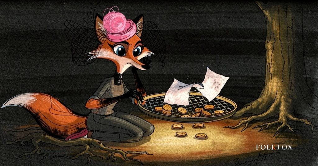 An ink-drawn fox holding a sieve over a scatter of paper sheets in an oak wood, illustrating a content marketing strategy that separates real revenue from reported traffic