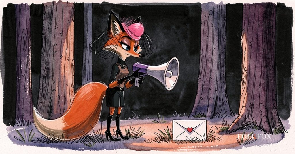 An ink-drawn fox lowering a megaphone in a pine wood as a court summons rests at her feet, illustrating crypto marketing enforcement