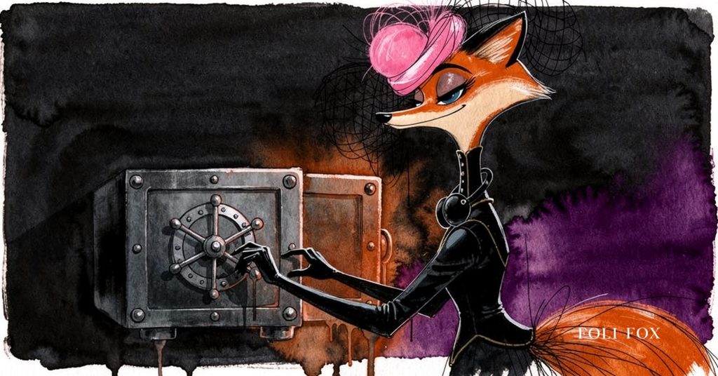 An ink-drawn fox in a folkfox forest beside a vault, illustrating crypto regulation.