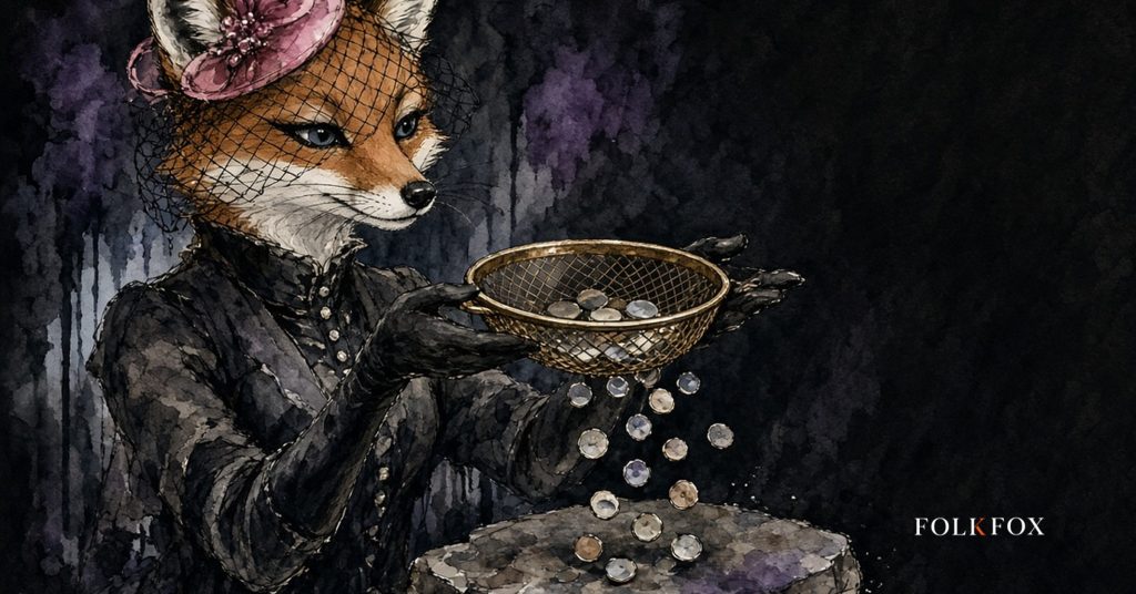 A watercolour fox sifting crypto securities tokens through a brass sieve on a pine forest floor