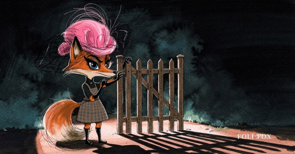 An ink-drawn fox standing at a one-way gate that opens outward only, the shape of Meta's exclusion-only custom audiences