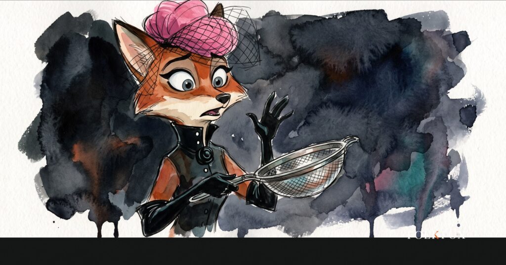 A fox holding a sieve over a spilling pile of paper tickets, illustrating customer data protection failing at marketing capture points