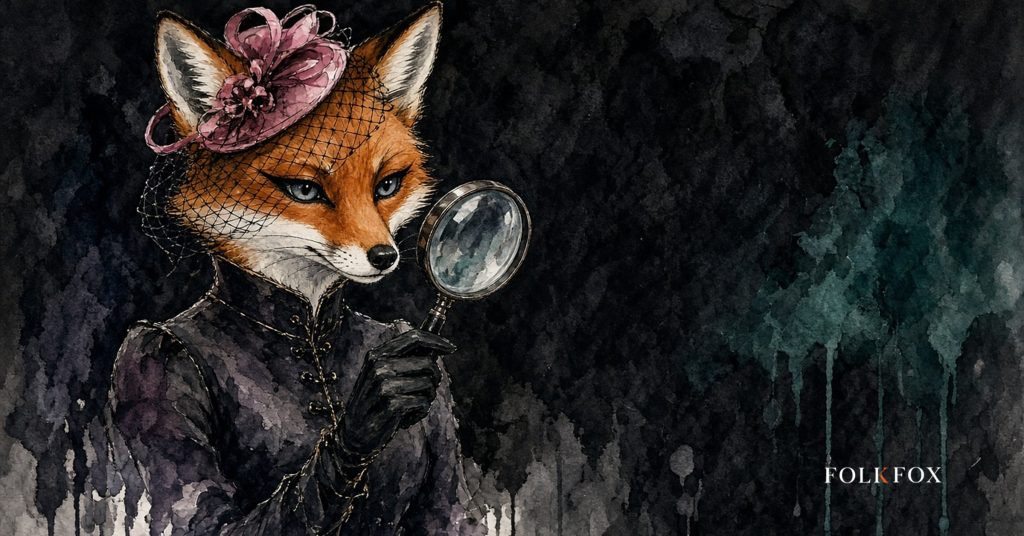 An ink-drawn fox studying a data protection compliance file with a magnifier, one folder flagged in red