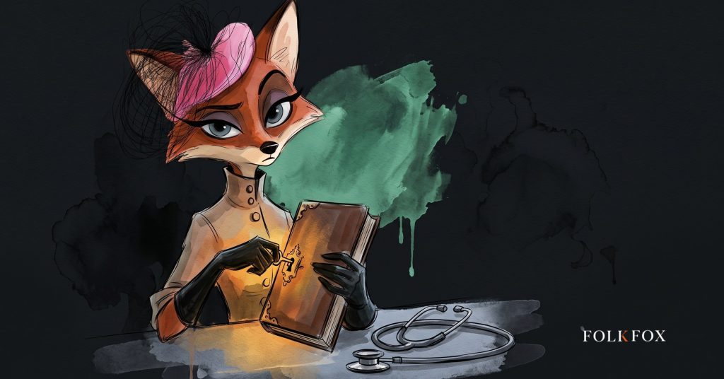 An ink-drawn fox in a folkfox forest beside a stethoscope, illustrating digital health marketing.