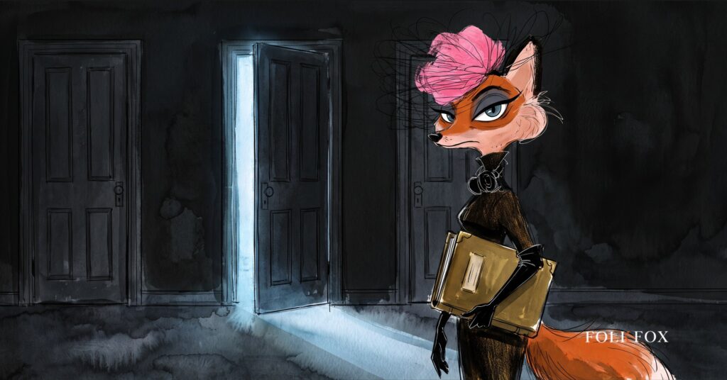 An ink-drawn fox in a folkfox forest beside three tall doors, illustrating the digital services act designation.