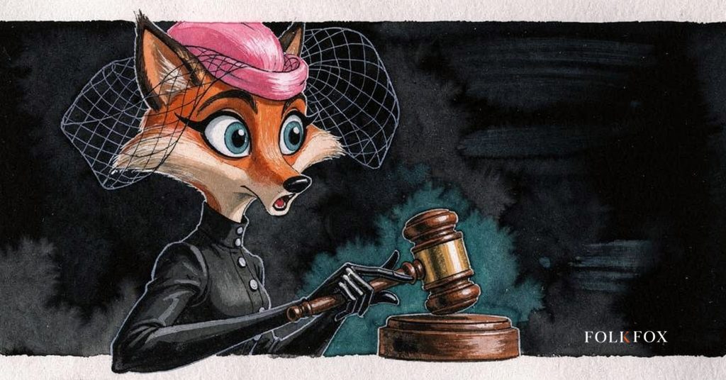An ink-drawn fox in a folkfox forest beside a gavel, illustrating disparate impact.