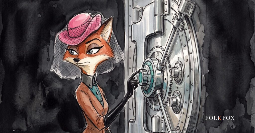 A wary fox studies a vault beside a dora compliance ledger