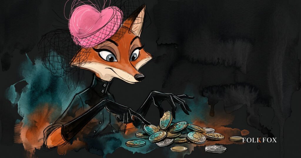 An ink-drawn fox in a folkfox forest beside a coins, illustrating dspm for ai.