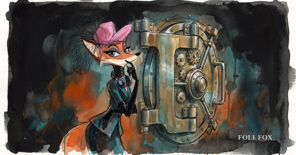 A fox studying an open ledger beside a closed vault door, illustrating fair lending rules that stayed while the guidance left