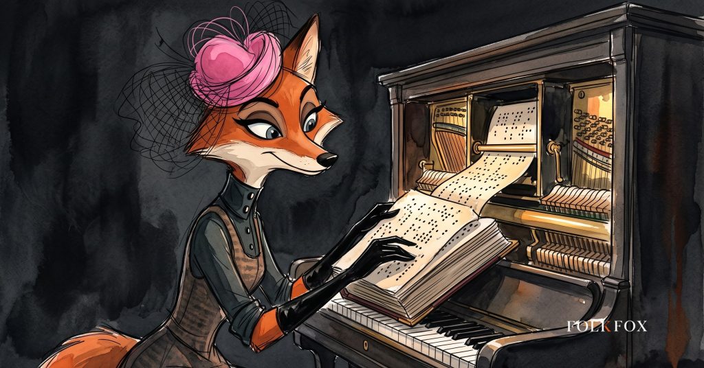 An ink-drawn fox in a folkfox forest beside a gavel, illustrating fca handbook.