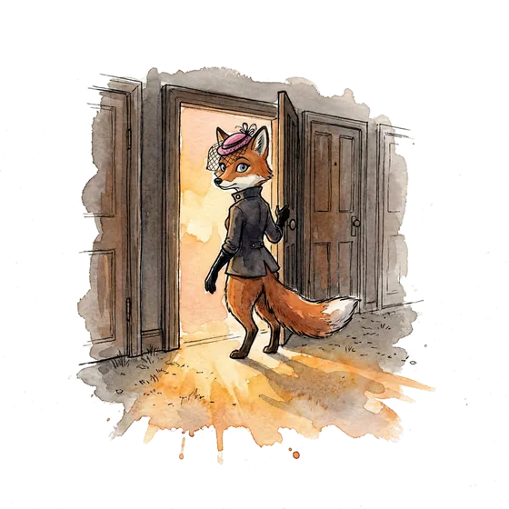 A watercolour vixen walking through an opened door into dawn light, closing the gpt astra story
