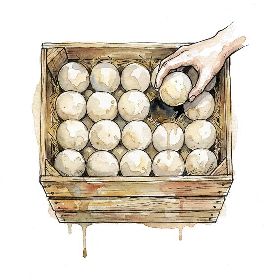 A watercolour crate of tightly packed pale spheres with one lifted out of place, illustrating the sphere packing bound