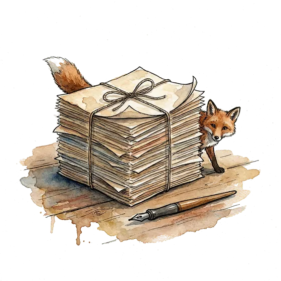 A watercolour stack of manuscript pages with an ink pen, illustrating the revised Astra manuscript