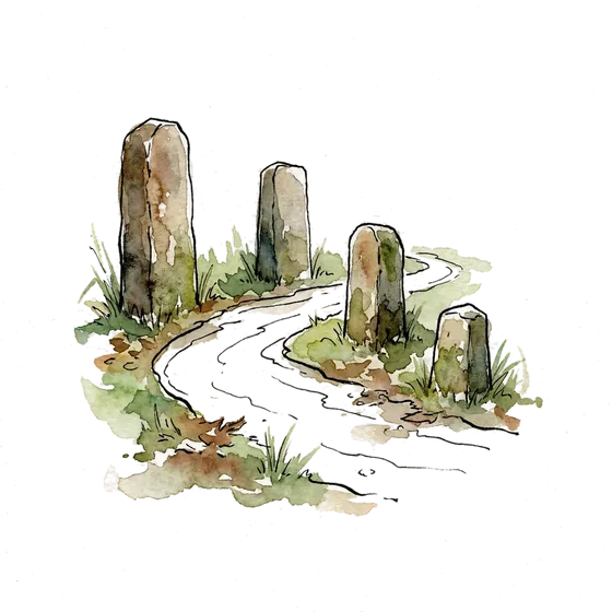 A watercolour woodland path with four milestone stones, one for each dated GPT Astra document