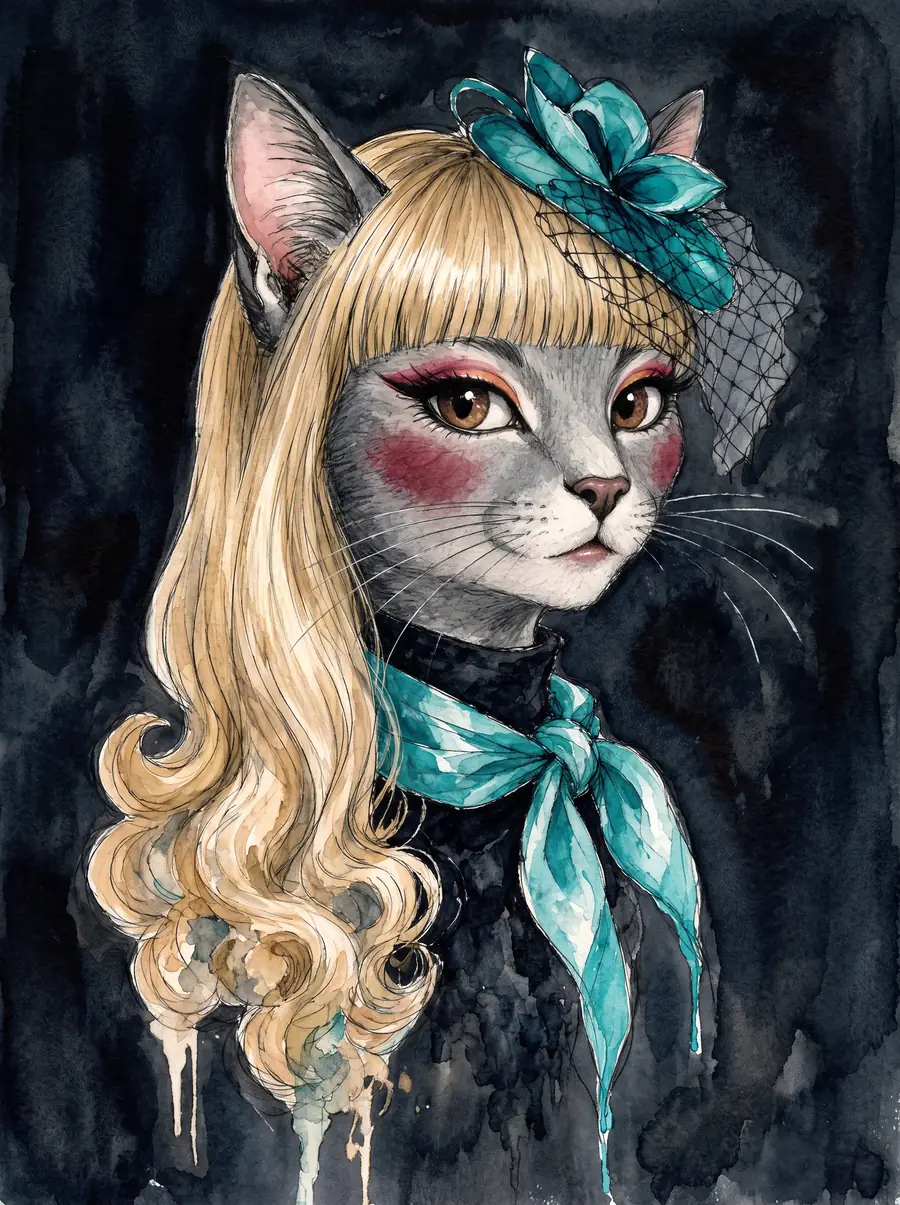 Katie Cat, the folkfox mascot, standing in for the founder portrait: a grey cat in a teal fascinator and cyan scarf, painted in loose watercolour on a near-black wash.