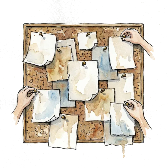 vlop moderation at scale: a crowded cork noticeboard pinned thick with blank paper scraps