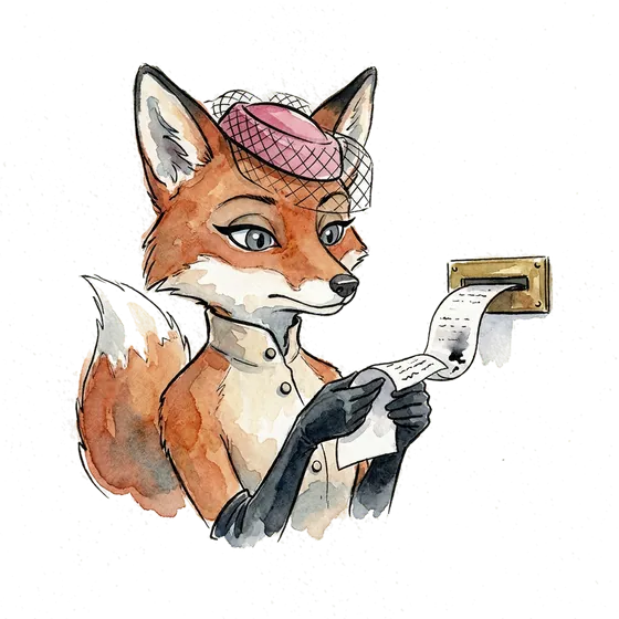 statement of reasons: an ink-drawn fox reading a long paper slip curling from a brass slot