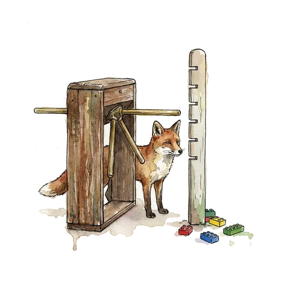 roblox age verification: a wooden fairground turnstile beside a painted height-measuring post