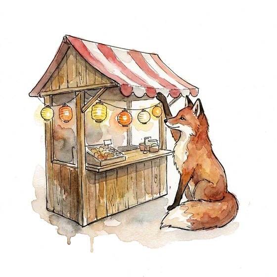 ads on chatgpt opening a new marketplace: an ink-drawn fox raising the awning of a small market stall at dawn ads on chatgpt opening a new marketplace: an ink-drawn fox raising the awning of a small market stall at dawn