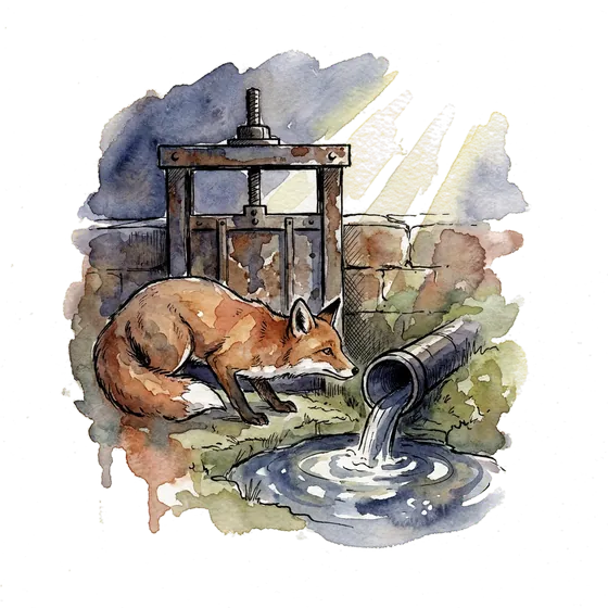 ot cybersecurity listening at the waterline: an ink-drawn fox crouched at a sluice gate over a hidden pipe ot cybersecurity listening at the waterline: an ink-drawn fox crouched at a sluice gate over a hidden pipe