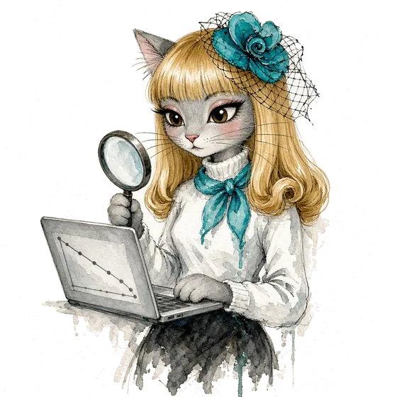 Google algorithm update, illustrated as the folkfox cat checking a dipping ranking graph with a magnifying glass Google algorithm update, illustrated as the folkfox cat checking a dipping ranking graph with a magnifying glass