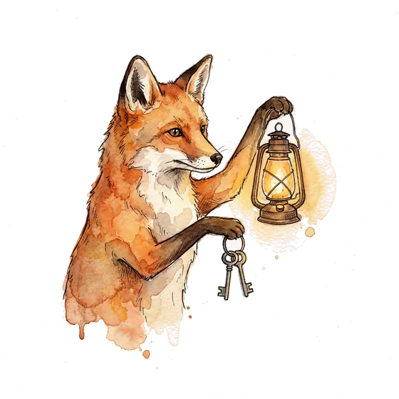 fintech branding kept on its own key: an ink-drawn fox examining a keyring holding exactly two keys fintech branding kept on its own key: an ink-drawn fox examining a keyring holding exactly two keys