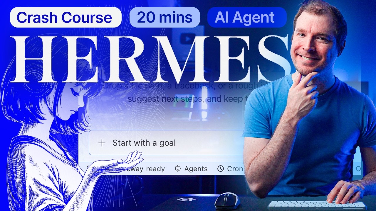 Poster frame for a hermes agent crash course video covering installation, gateways and scheduled tasks