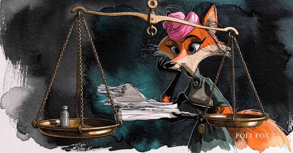 An ink-drawn fox weighing a stack of paper against a small brass weight on a set of scales, the sign-off queue behind every fintech's financial promotions