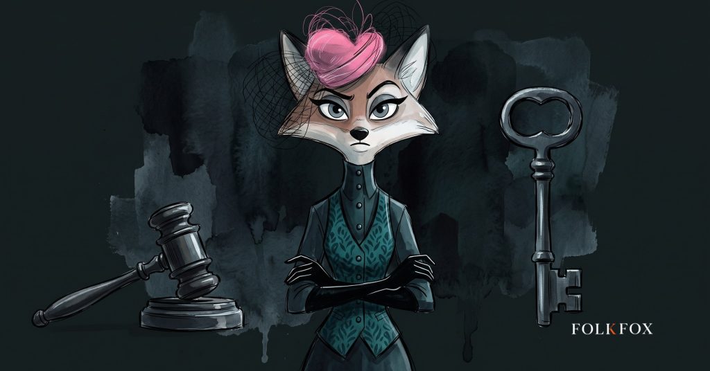 An ink-drawn fox in a folkfox forest beside a gavel, illustrating financial services marketing.