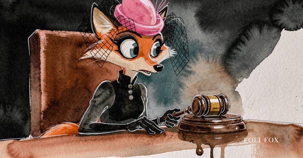 An ink-drawn fox in a folkfox forest beside a gavel, illustrating fintech aml requirements.