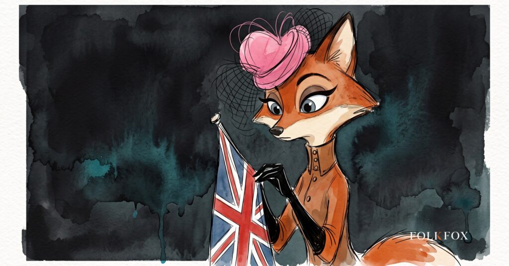 An ink-drawn fox in a folkfox forest beside a flag, illustrating fintech branding.
