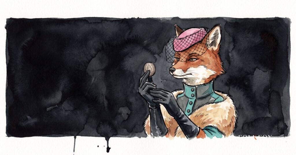 An ink-drawn fox tears a glossy advertisement in half to reveal fine print, fintech digital marketing agency