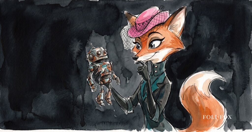 An ink-drawn fox in a folkfox forest beside a robot, illustrating fintech digital marketing agency.