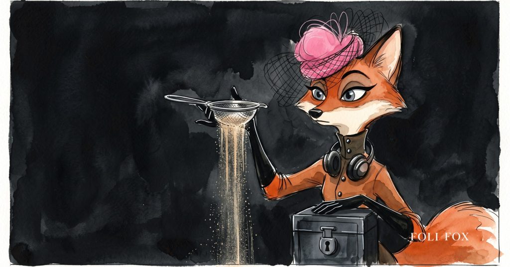 An ink-drawn fox in a folkfox forest beside a gavel, illustrating first party data.