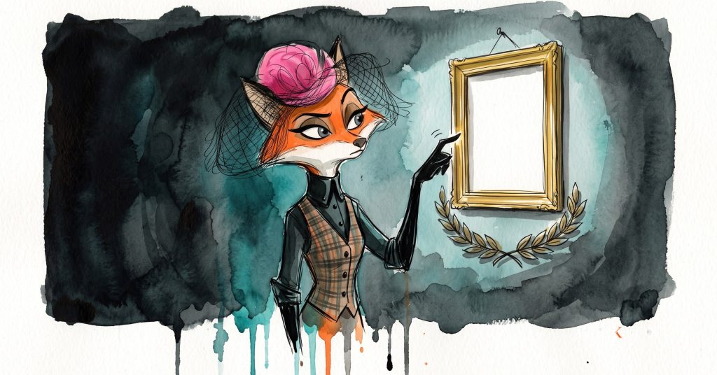 An ink-drawn fox in a folkfox forest beside a card, illustrating gambling advertising rules.