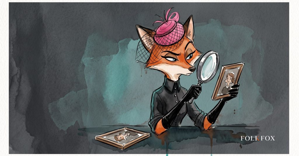 An ink-drawn fox in a folkfox forest beside a card, illustrating gambling kyc.