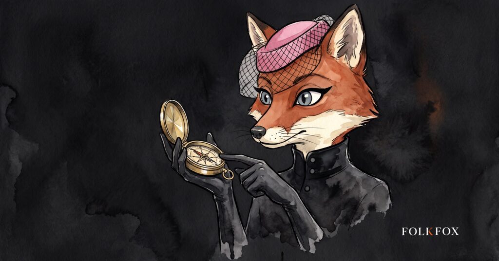 An ink-drawn fox in a folkfox forest beside a compass, illustrating gen alpha marketing.