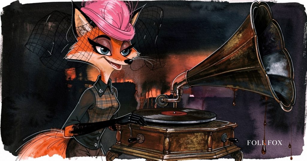 A delighted fox pauses beside a silent gramophone horn, illustrating gen z marketing strategy built on earned laughter, not explained jokes