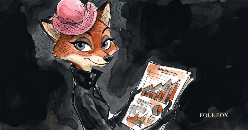 An ink-drawn fox in a folkfox forest beside a chart, illustrating ad strength google ads.