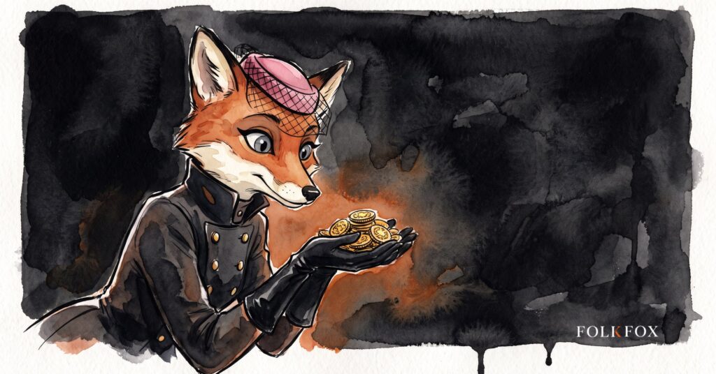 An ink-drawn fox in a folkfox forest beside a coins, illustrating google ads daily budget overspend.