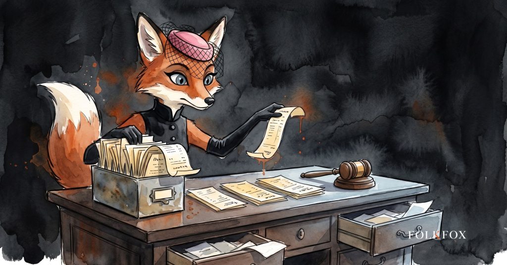 An ink-drawn fox in a folkfox forest beside a coins, illustrating google ads class action.