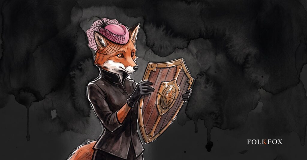 An ink-drawn fox in a folkfox forest beside a shield, illustrating how to test google ads conversion tracking.