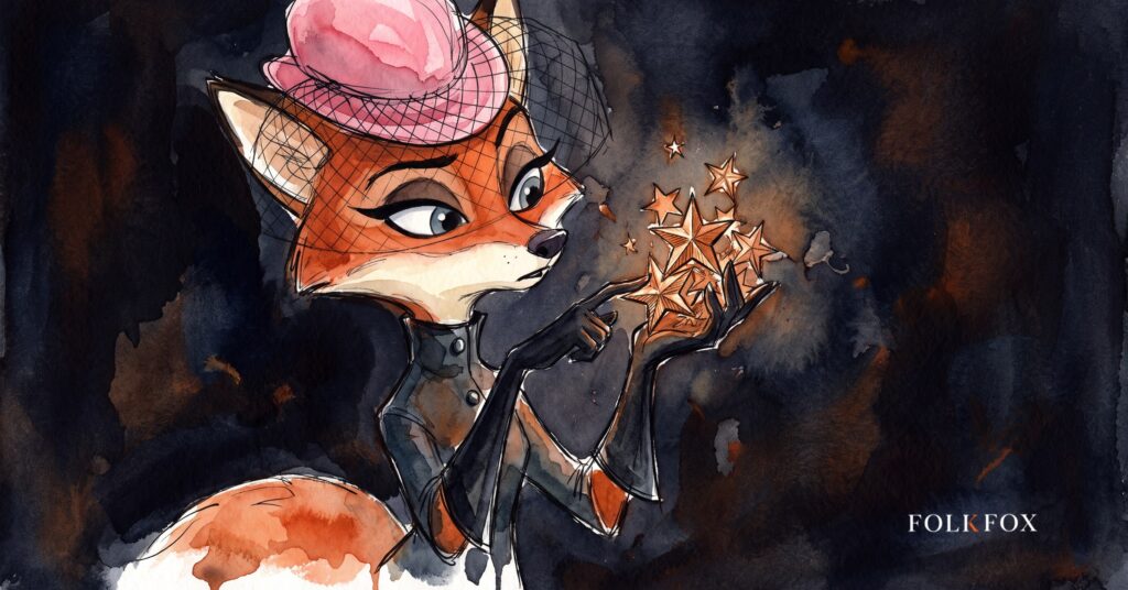 An ink-drawn fox in a folkfox forest beside a stars, illustrating google ads policy.